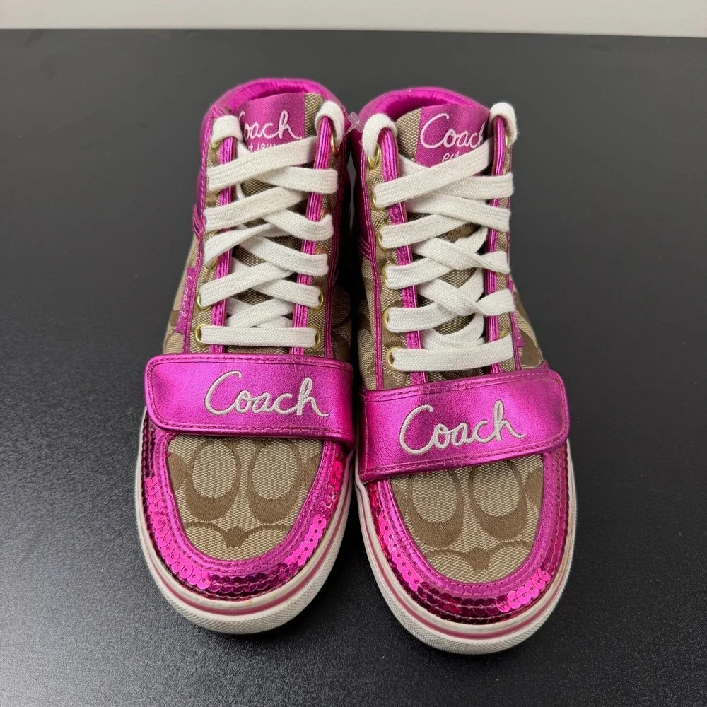 Vintage Coach Mistie Shoes Womens 6B Pink Monogram Canvas High Top Sneakers